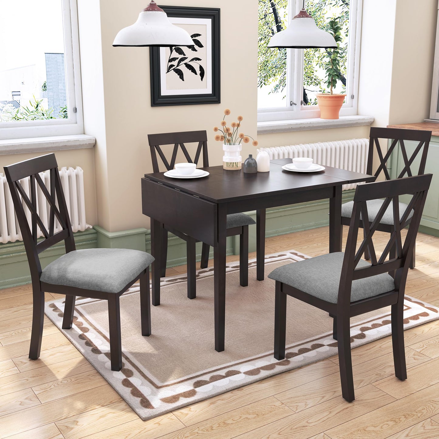 Merax 5 Piece Farmhouse Extendable Dining Table Set - Wood Table with Drop Leaf, 4 Upholstered Chairs for Kitchen, Small Places, Easy Assemble Espresso