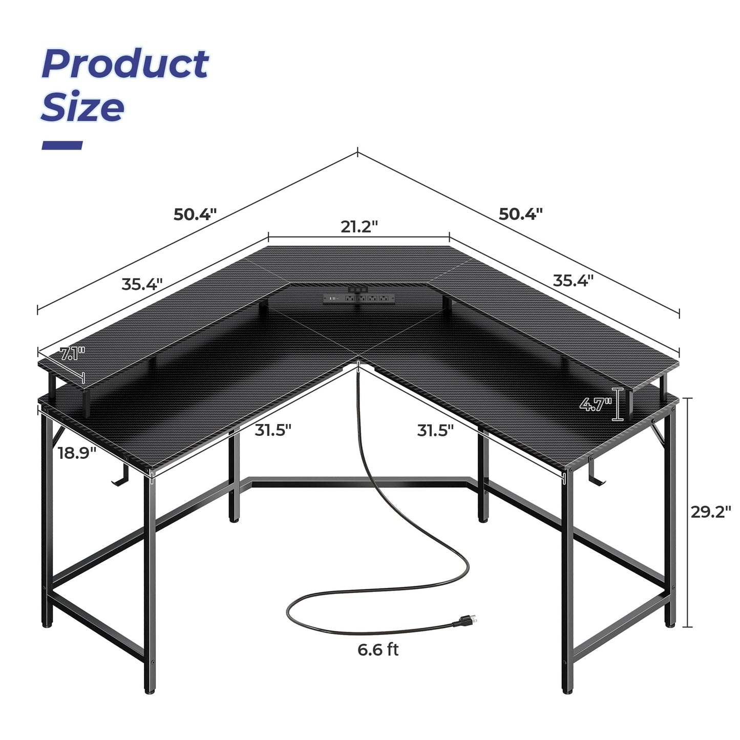 Huuger L Shaped Gaming Desk with Power Outlets & LED Lights, Computer Desk with Monitor Shelves, Carbon Fiber Surface, Home Office Desk, Corner Gaming Desk with Hooks, Carbon Fiber Black