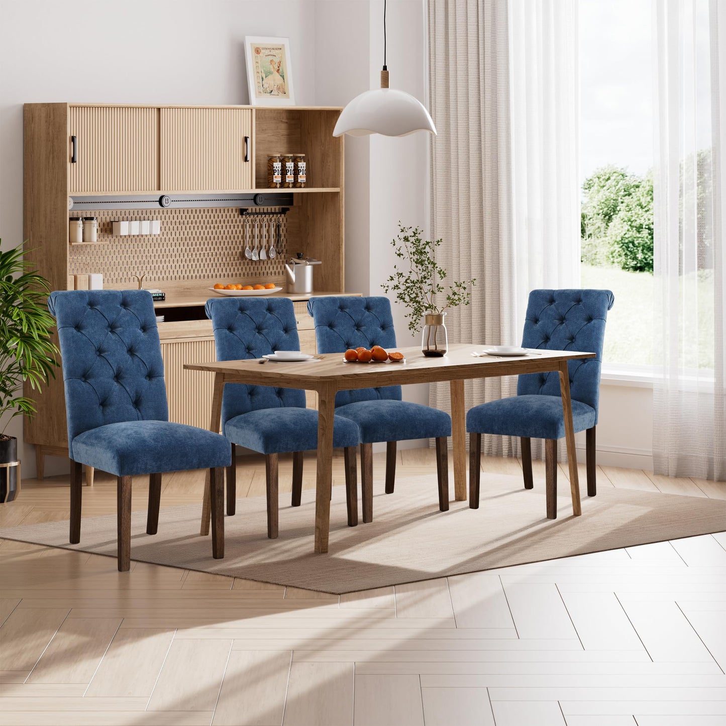 Homixis Dining Chairs Set of 4, Button Tufted Parsons Upholstered Chairs with Solid Wood Legs, Mordern Fabric Kitchen Chairs for Dining Room，Blue