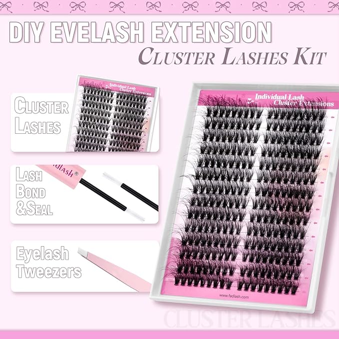 FADLASH Lash Extension Kit Cat Eye Lash Cluster Kit DIY Eyelash Extension Kit with Lash Bond and Seal Lash Tweezers Natural Cluster Eyelash Extensions Kit Individual Lashes (KIT, 40D-07D-12-20mm)