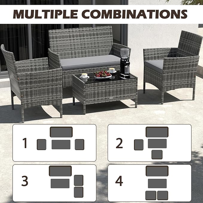 RELAX4LIFE 8-Piece Patio Furniture Set - Rattan Outdoor Conversation Bistro Set w/Cushions, Glass Coffee Table, Wicker Chairs & Loveseat for Garden Backyard Porch, Balcony Furniture Set (2, Mix Grey)