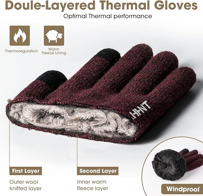 Rahhint Wool Winter Gloves Men Women Fleece lined Knit Gloves with Touchscreen Fingers Insulated Gloves Keep Hand Warm Gift
