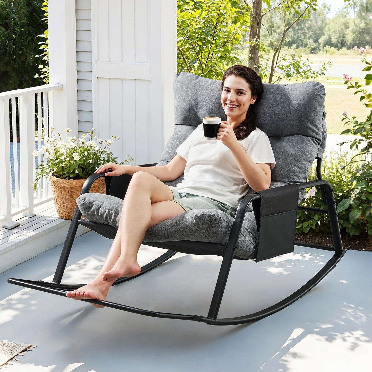 Outdoor Rocking Chair, Oversized Papasan Chair with Padded Cushion, Indoor & Outdoor Rocker Chair for Living Room, Bedroom, Patio, Garden, Gray
