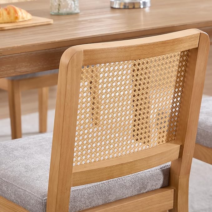 Farmhouse Rattan Dining Chairs Set of 4, Mid Century Modern Kitchen & Dining Room Chairs, Rectangle Cane Upholstered Kitchen Chairs Side Chairs with Natural Wooden Legs, Grey Chenille