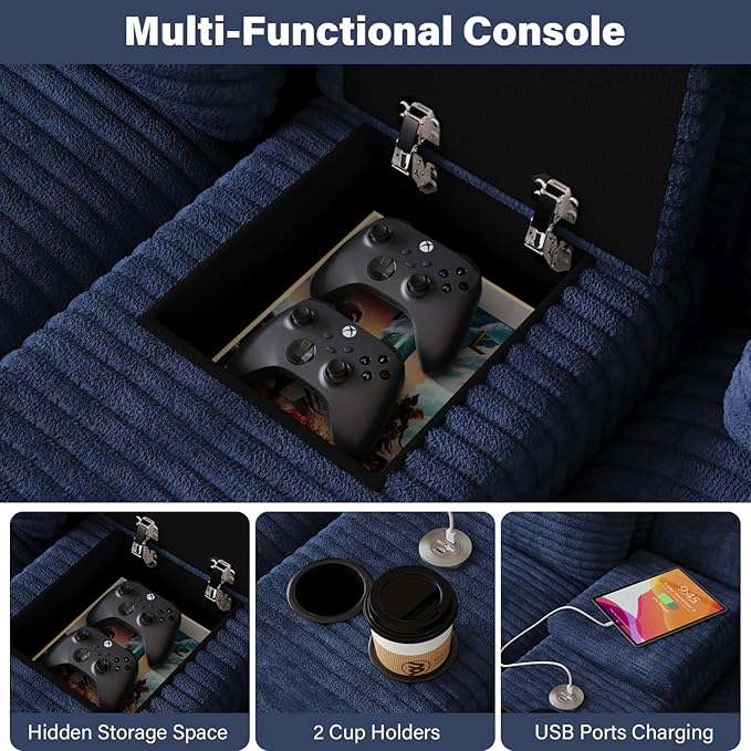 Modular Sectional Sofa with USB Cup Holders Storage, 143" U Shaped Cloud Couch Plush Corduroy Deep Seat Boneless Sofas with Double Chaise Lounge Sectional Couches Memory Foam for Living Room - Blue