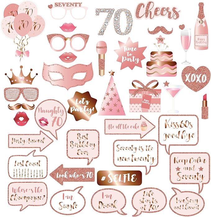 70th Birthday Party Photo Booth Props and Signs, Rose Gold 70 Birthday Party Selfie Props Kit with Sticks for Women, Seven...
