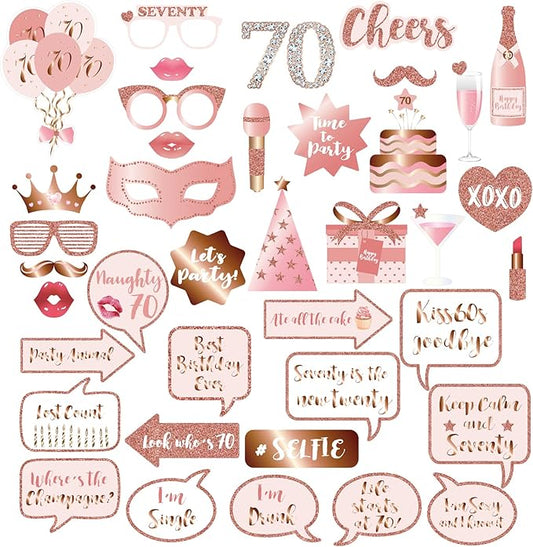 70th Birthday Party Photo Booth Props and Signs, Rose Gold 70 Birthday Party Selfie Props Kit with Sticks for Women, Seven...