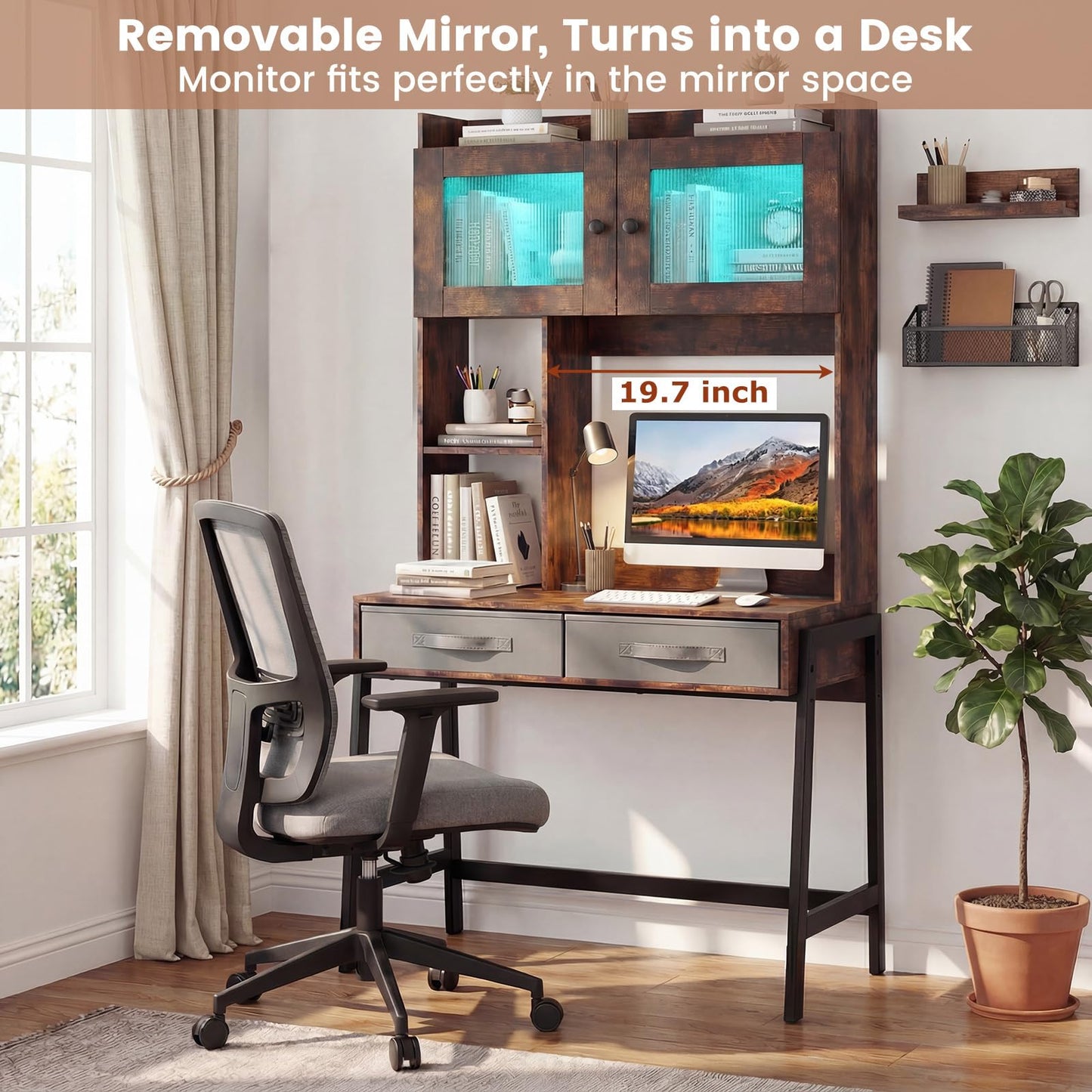 CHARMAID 67'' Tall Vanity Desk with LED Mirror, RGB Lighted Cabinet, Charging Station, Storage Shelves & Fabric Drawers, Metal Frame, Makeup Vanity Table with Hutch for Bedroom (Rustic Brown & Black)
