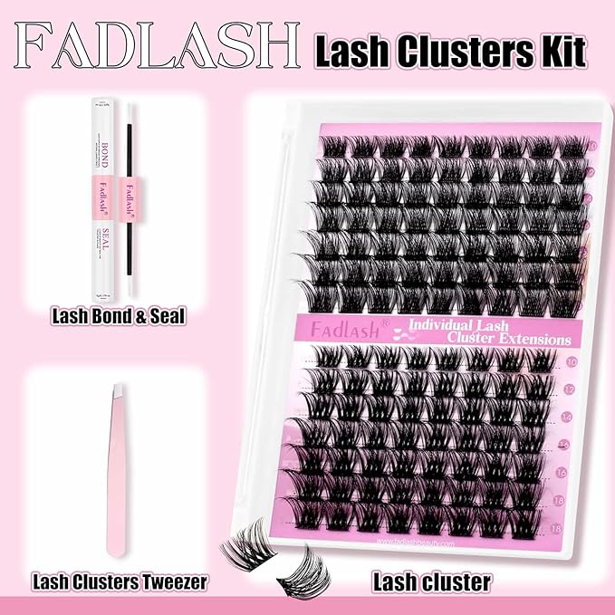FADLASH Lash Extension Kit Lash Clusters Kit 10-18mm Eyelash Cluster Lashes with Lash Bond and Seal Lash Tweezers DIY at Home (KLS52+ZW03-07D-10-18 Kit)
