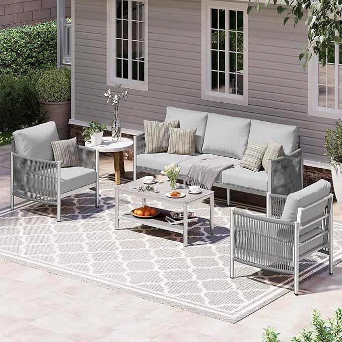 Aluminum Outdoor Patio Furniture Set with Dual-Layer Coffee Table, 4 Piece Modern Patio Conversation Sets with PE Rope, Outdoor Sectional Sofa with Thick Cushions for Balcony, Porch, Silver