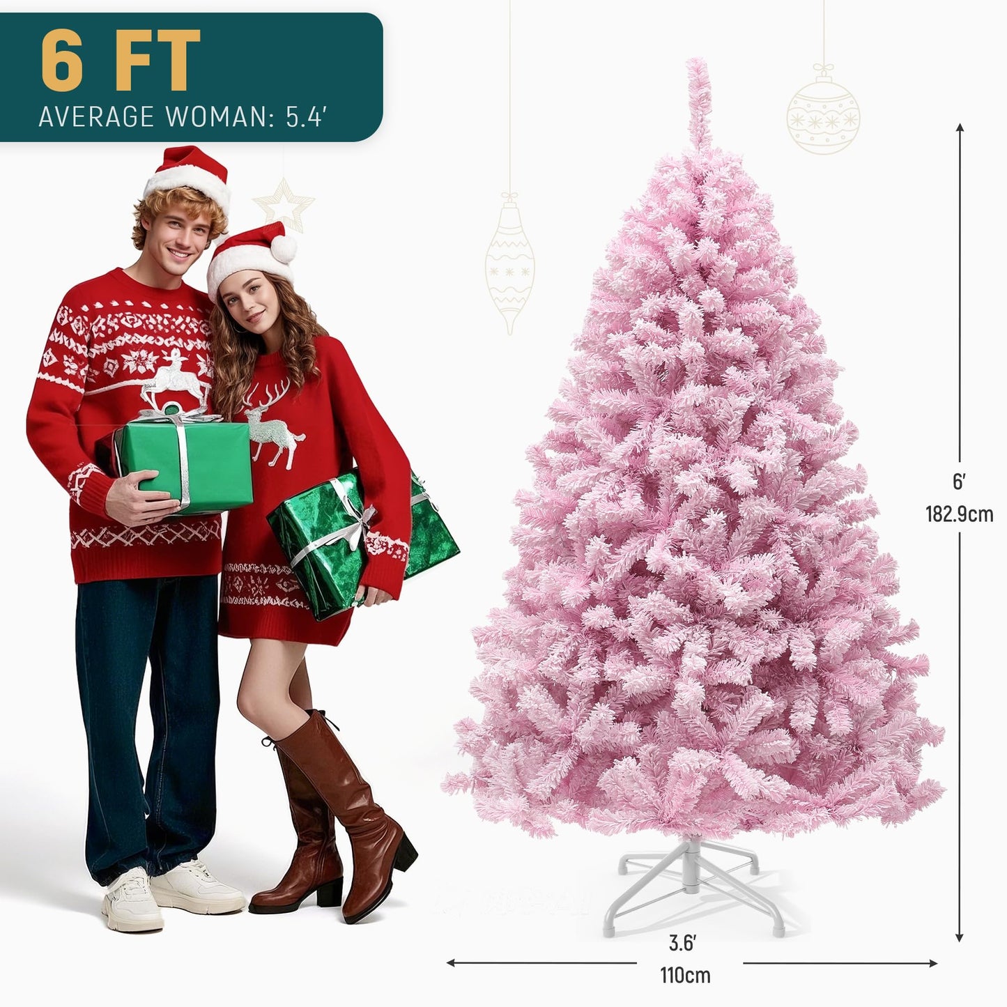 YITAHOME 6 FT Prelit Pink Flocked Spruce Artificial Christmas Tree, Pre-Lit Pink Christmas Tree with 928 PVC Tips and 250 Warm-White Lights for Home, Office Decoration