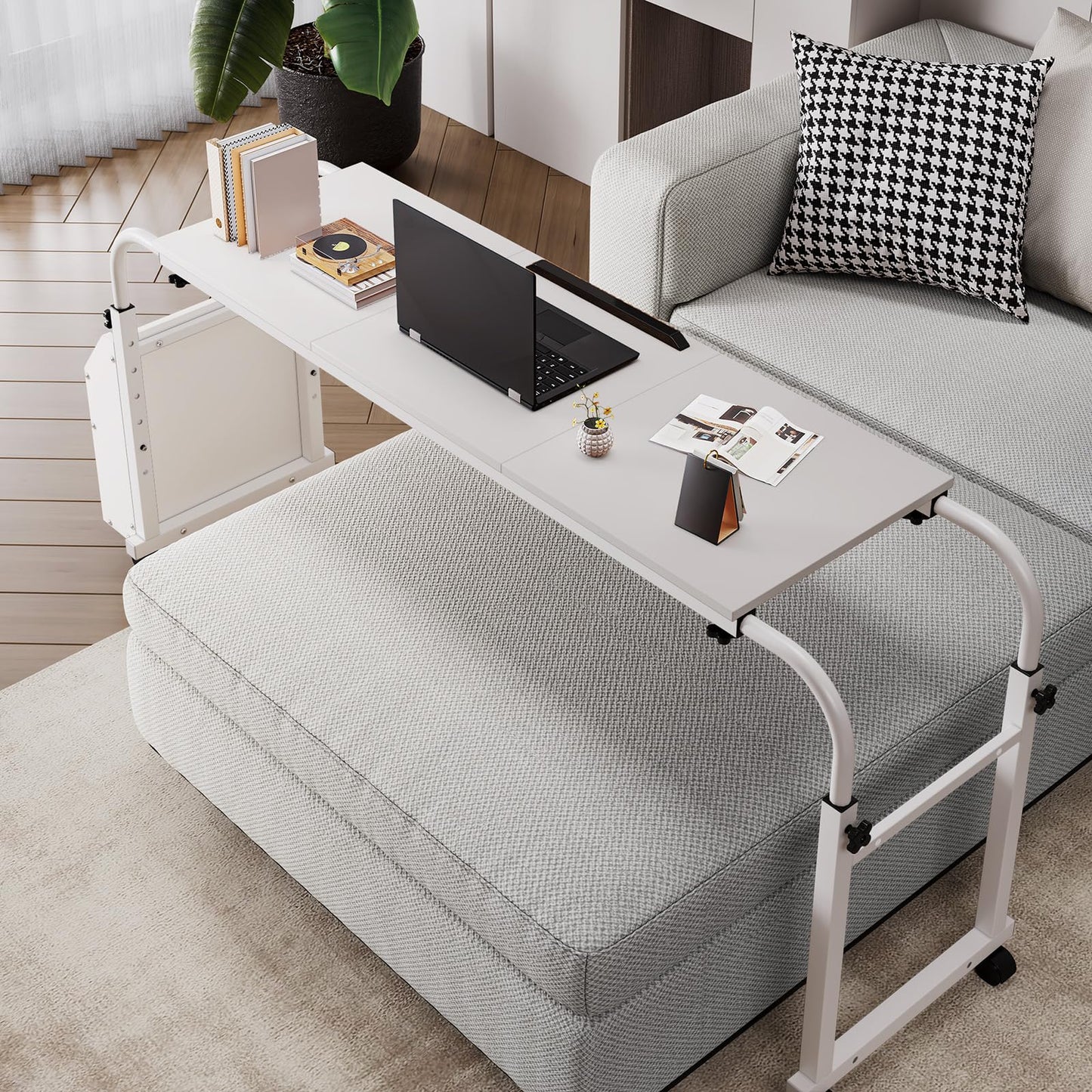 Arlopu Overbed Table with Wheels,60.6-84.2 inches Mobile Bed Desk,Rolling Computer Desk, Laptop Cart,W/0-65°Tilt Stand,4 Heights and 6 Lengths,Side Storage Basket,for Home,Office and Hospital (White)