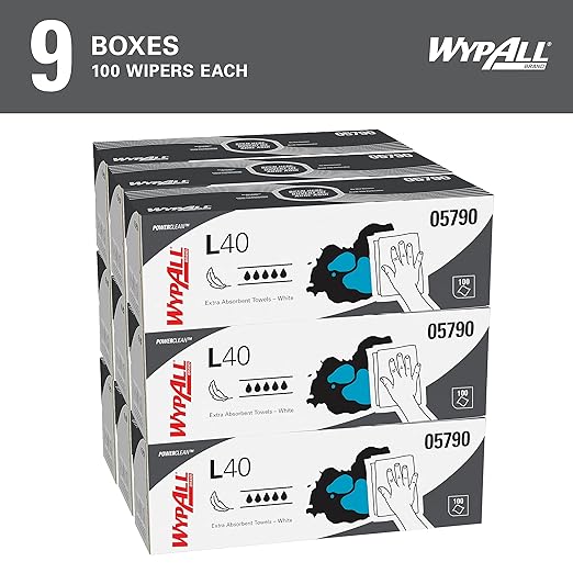 WypAll PowerClean L40 Cloths Extra Absorbent Wipes (05790), Pop-Up Box, Bulk Paper Wipers, White (9 Packs of 100 Sheets, 900 Sheet Total)