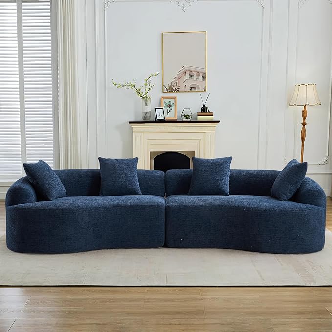 110" Oversized Modern Curved Cloud Sectional Sofa, Luxury Plush Chenille 4-Seater Deep Wide Seat Couch with 4 Pillows, No Assembly Needed Apartment Living Room Furniture, Blue