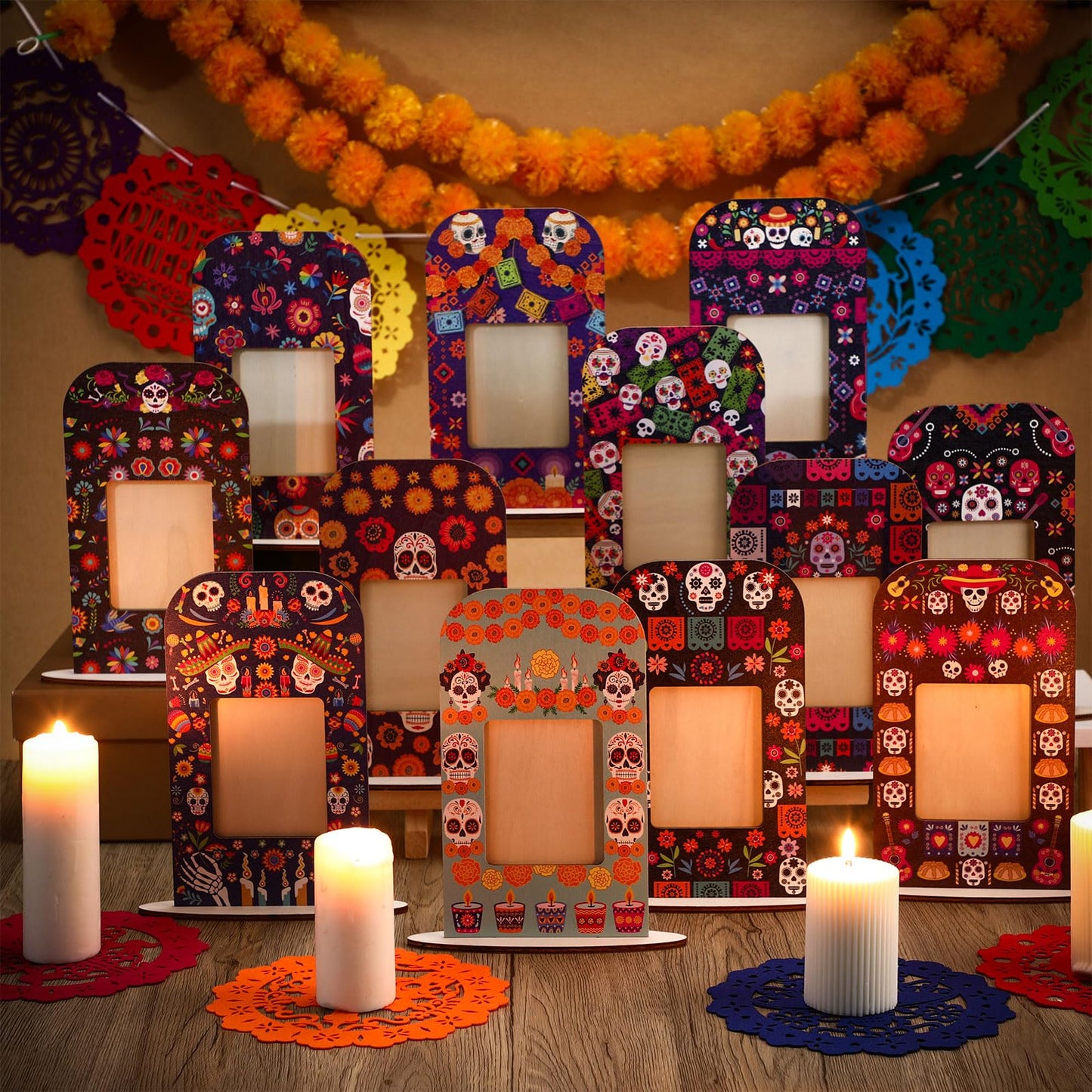 Qunclay 12 Set Picture Wooden Frames Dia De Los Muertos Altar Day of the Dead Decorations Dia De Los Muertos Altar Kit Picture Frame Ofrenda Tabletop Halloween Diwali Decoration Ofrenda
