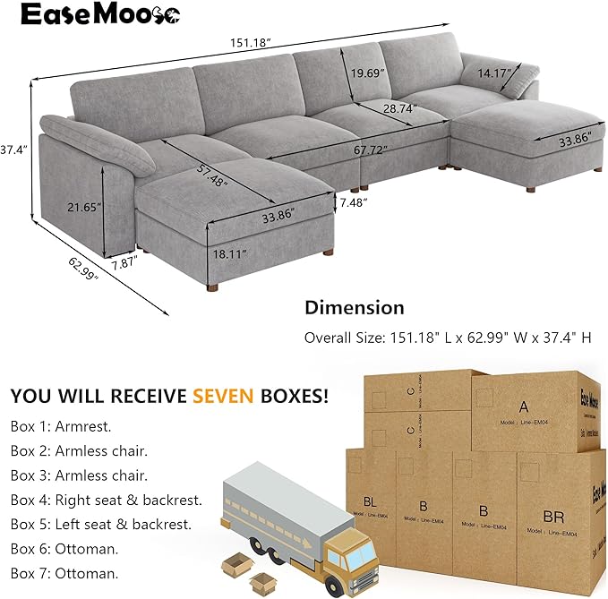 EASE MOOSE Oversized U Shape Sectional Modular Sofa,Wide Deep seat Sectional Sofa,FSC Certified Comfortable Chenille Grey Cloud Modular Sofa