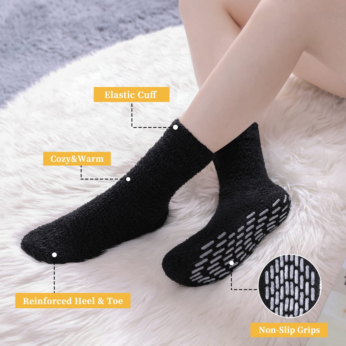 FNOVCO Non Slip Socks for Women Winter Warm Cozy Fuzzy Slipper Socks Soft Fluffy Hospital Socks with Grips (6 Pairs Classic Dark)