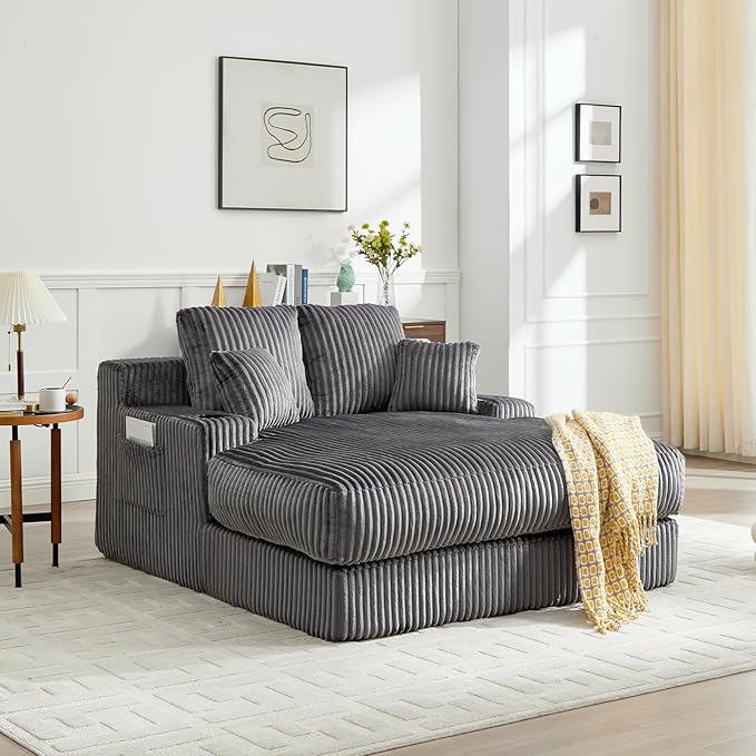 Asukale 60" Oversized Chaise Lounge Chair Indoor, Boneless Cloud Chair Bed with 4 Pillows & Armrests, No Assembly Corduroy Upholstered Sofa for Living Room, Bedroom, Apartment(Dark Grey)