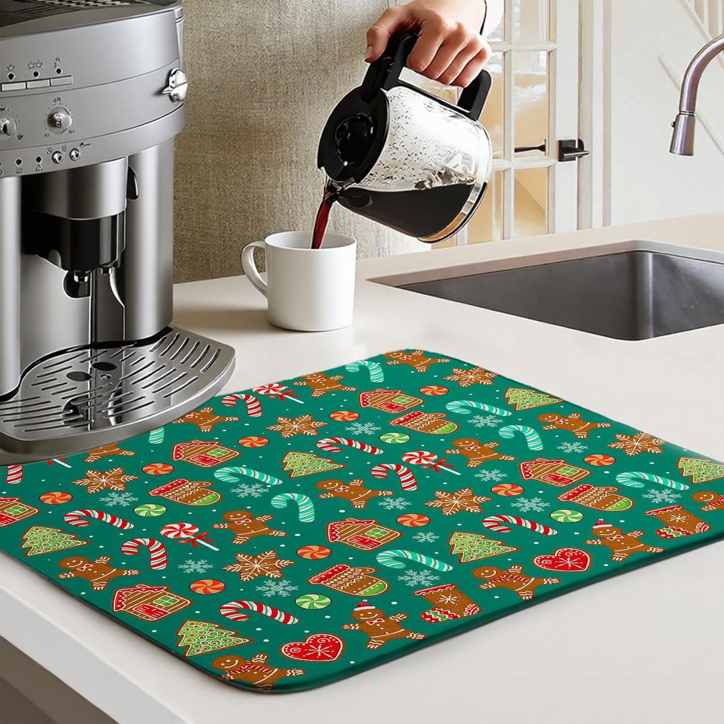 Green Christmas Drying Mat for Kitchen Counter 16" X 18" Christmas Dish Drying Mat for Kitchen Decor Candy Xmas Drying Mats For Home Counter Drying Mats For Dishes Dish Mat Drying Mat
