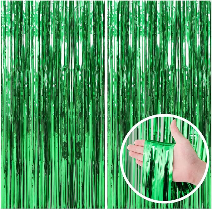 2 Pack Green Streamers Backdrop Jungle Party Decorations Foil Fringe Backdrop Curtains Photo Booth Backdrop for Birthday D...