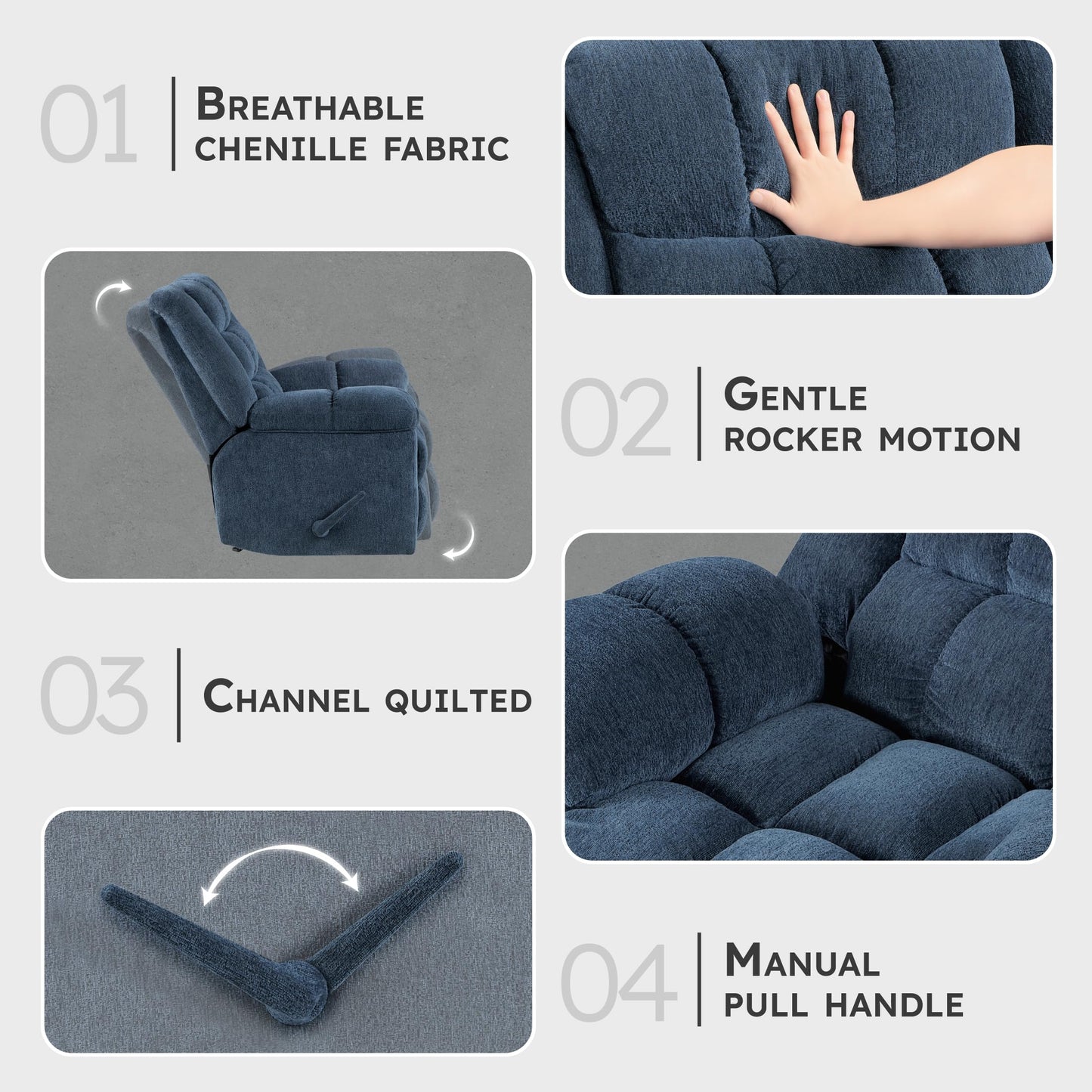 Lexicon Chenille Rocker Reclining Chair for Adults, Rocker Pull Handle Recliner, Nursery Chair for Living Room/Bedroom, High Back, Pillow Top Arms, High Density Foam Cushions, Blue
