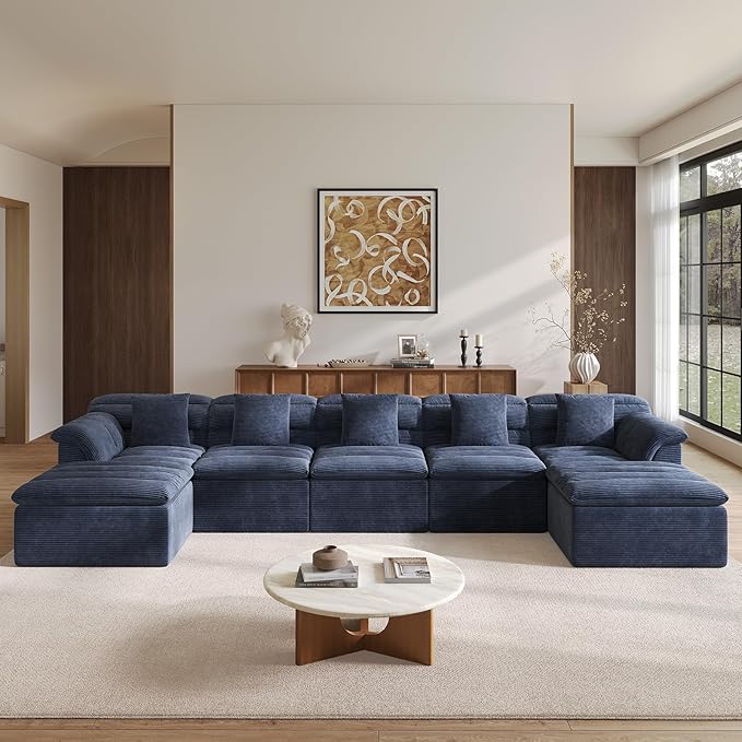SUNG7 172" Modular Sofa with Ottoman, Boneless Cloud Couch with Deep Seat, Comfy U-Shape Corduroy Couches for Living Room, No Assembly Required, Blue
