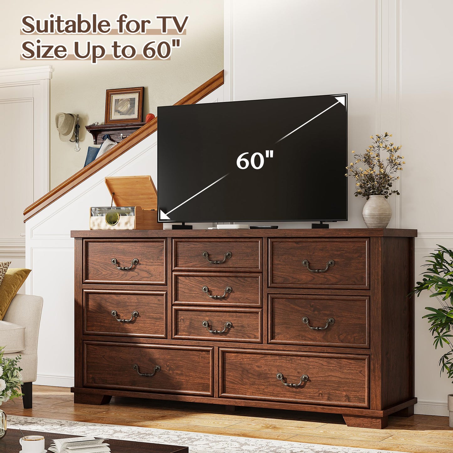 EnHomee Farmhouse 9 Drawer Dresser for Bedroom, 52" Wooden Dresser with Vintage Design, Hallway, 15.6" D x 52" W x 36" H Antique Brown