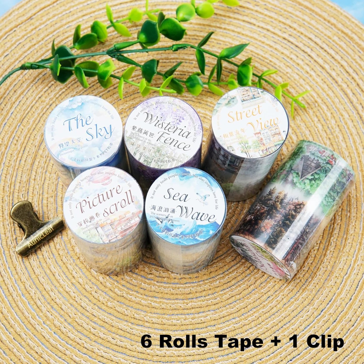 Parallel Scenery PET Tape Set, 6 Rolls Landscape Scrapbook Supplies for Journaling, DIY Crafts, and Planners, Includes Clip