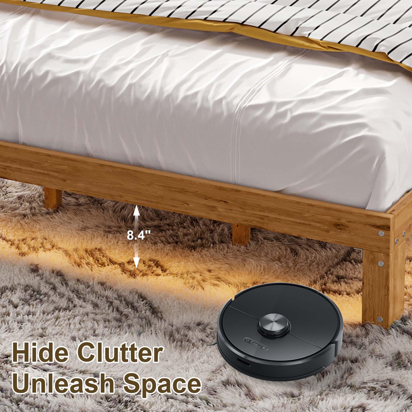Suheww Wood Platform Bed Frame Queen Size, 12 Inch Bed Frame with Led Lights Mattress Foundation with Charging Station, Heavy Duty Wooden Slat Support, No Headboard, No Box Spring Needed