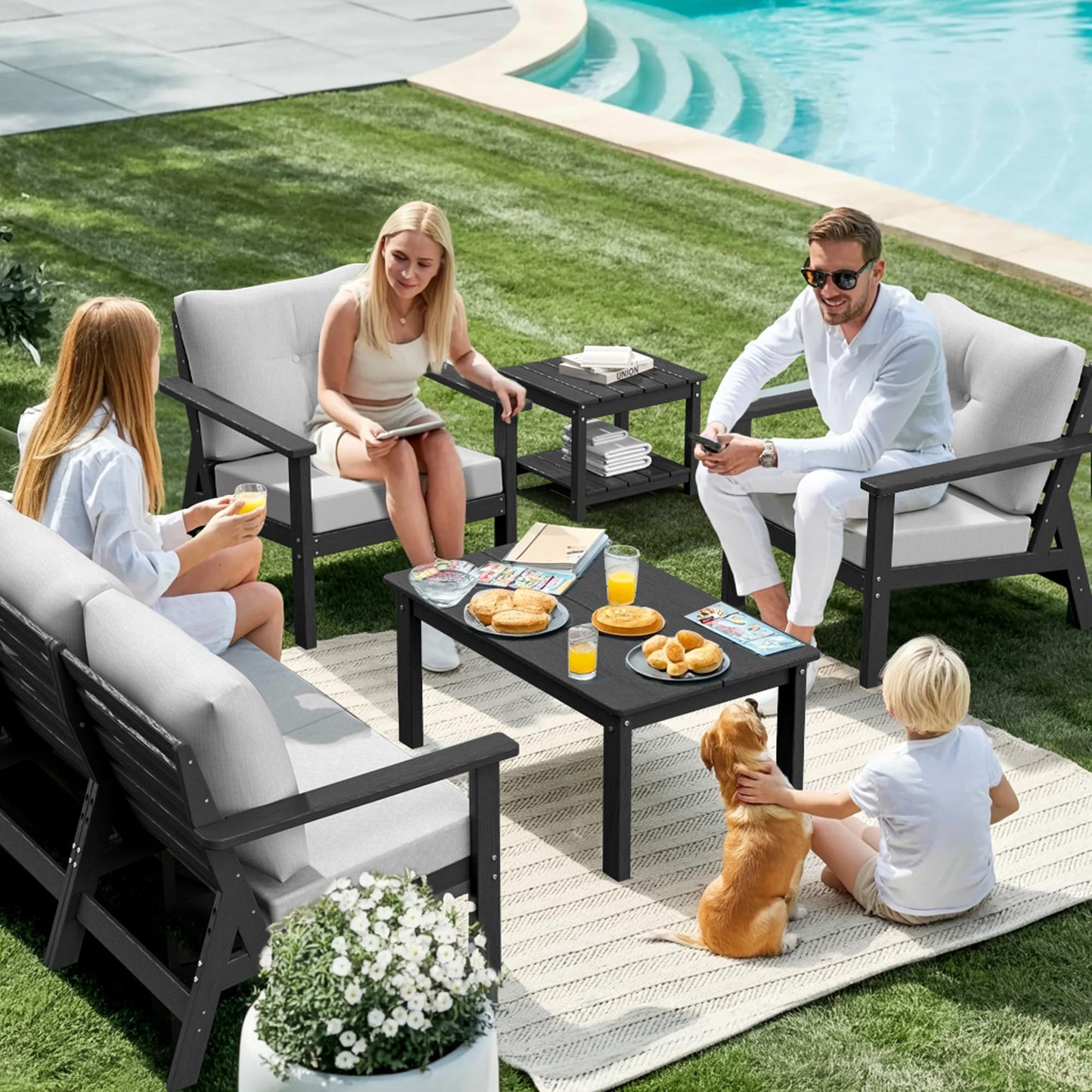 PamapicLife 7-Piece HDPE Patio Furniture Set, Outdoor Sectional Sofa Set,All Weather Outdoor Couch with Dust-Free Cushions, Durable Patio Conversation Sets for Balcony, Porch, Black
