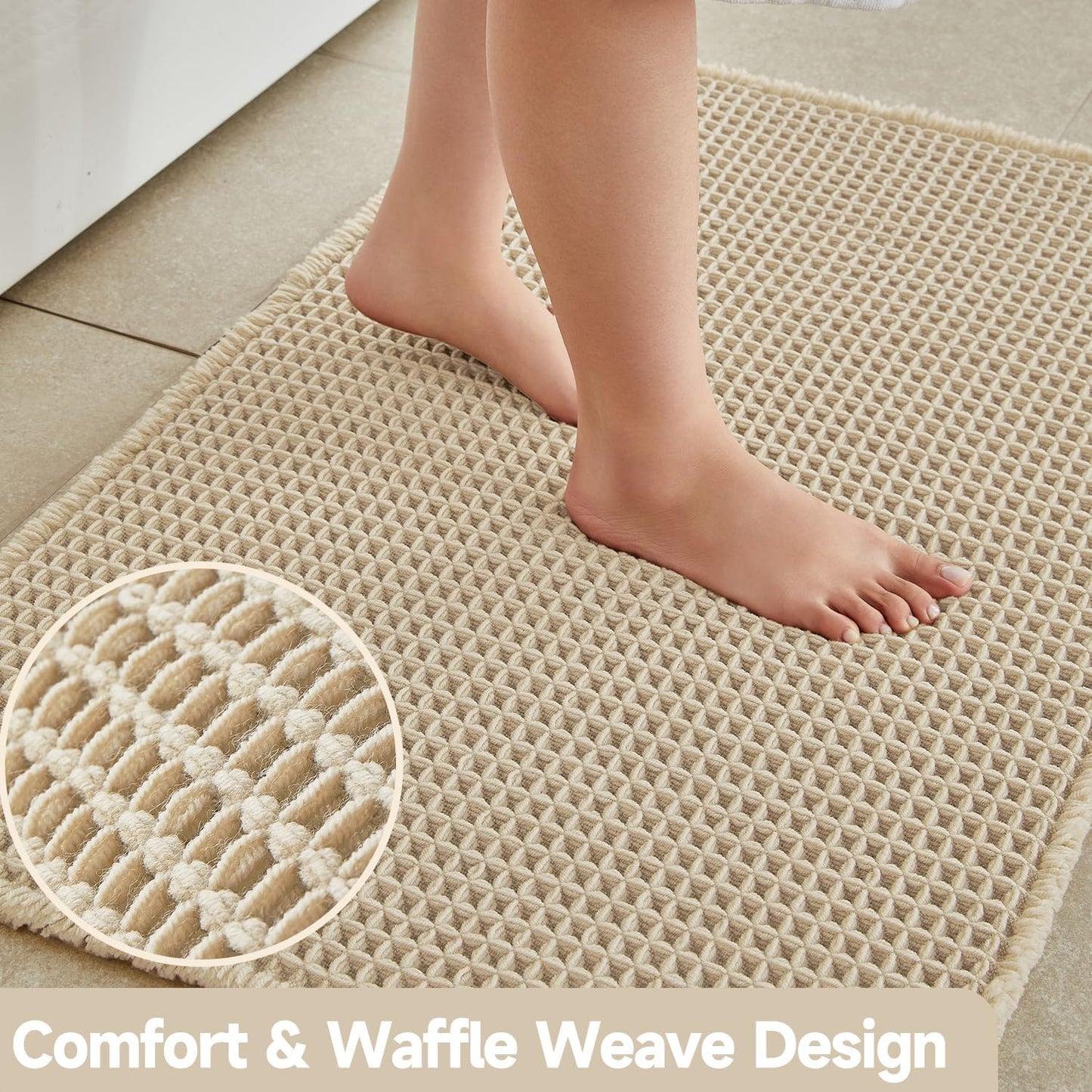 Pale Beige Bathroom Rug, Waffle Bath Mat Non Slip Washable Super Absorbent Quick Dry Boho Farmhouse Bathroom Decor, 30''x20'' Pale Beige