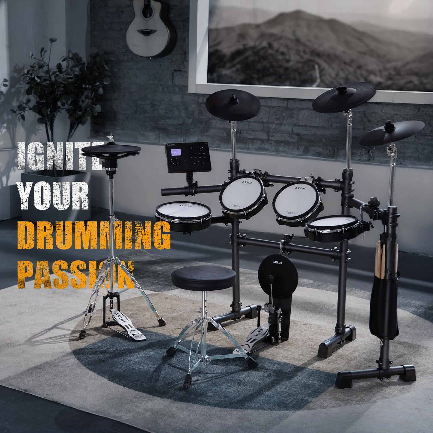 AKLOT Electric Drum Set - 12" Hi-Hat, 10" Dual-Zone Snare, Mesh Heads, 460 Sounds, Model B-Core541, Color 541