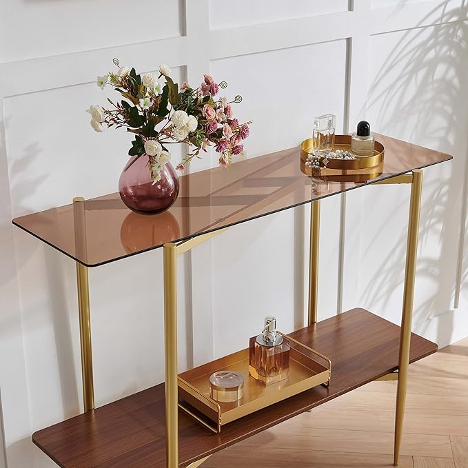 Pine Flicker Rectangle Glass Console Table, Mid-Century Modern Design, L41*W14*H32 inch, for Living Room, Amber Glass Top and Walnut Finish Wood Shelf, Conical Metal Legs with Gold Finish
