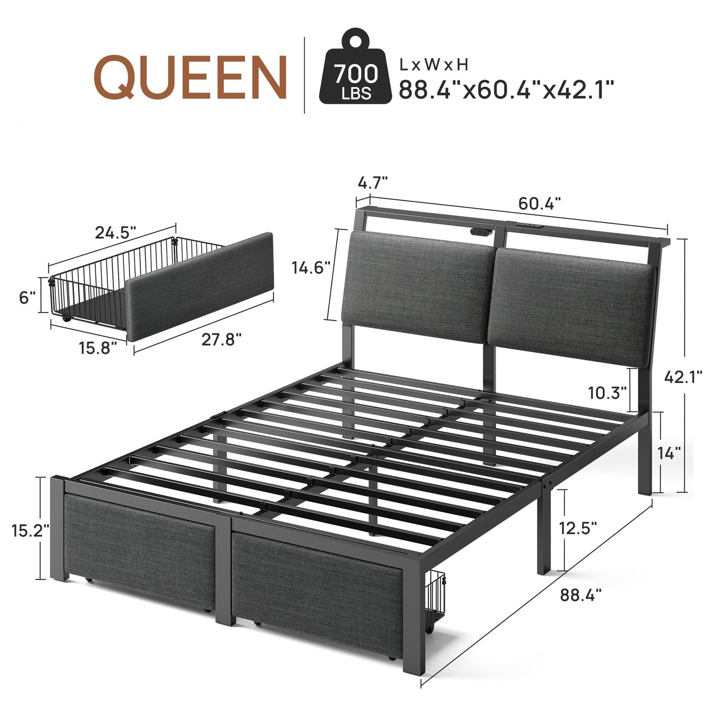 Rolanstar Queen Bed Frame with Ergonomic Headboard Storage & Charging Station, Upholstered Platform Bed with LED Light & Drawer, Heavy Duty Metal Slats, Noise Free, No Box Spring Needed, Grey