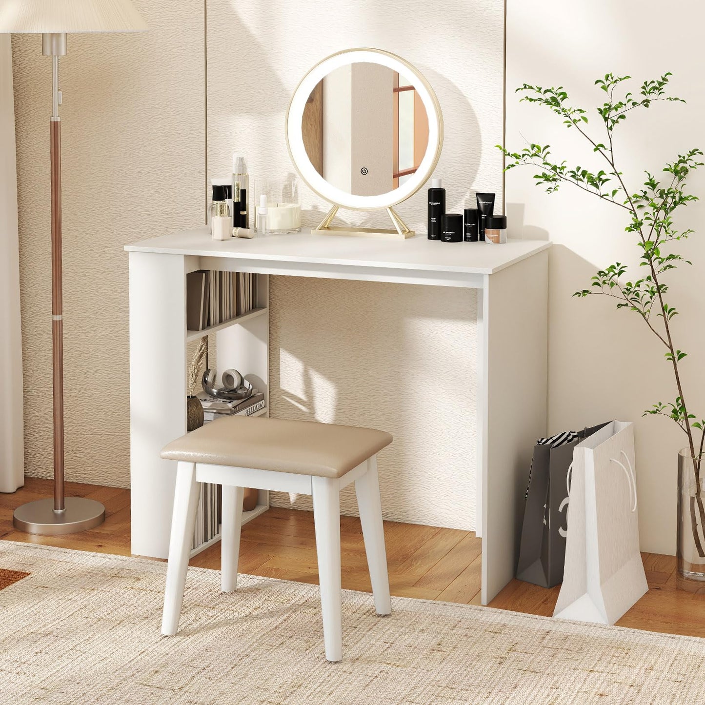 Giantex Small Computer Desk, 35.5 Inch Compact Home Office Desk with Storage Bookshelf, Vanity Table, Modern Laptop Computer Workstation, Student Teen Study Writing Desk for Small Spaces, White