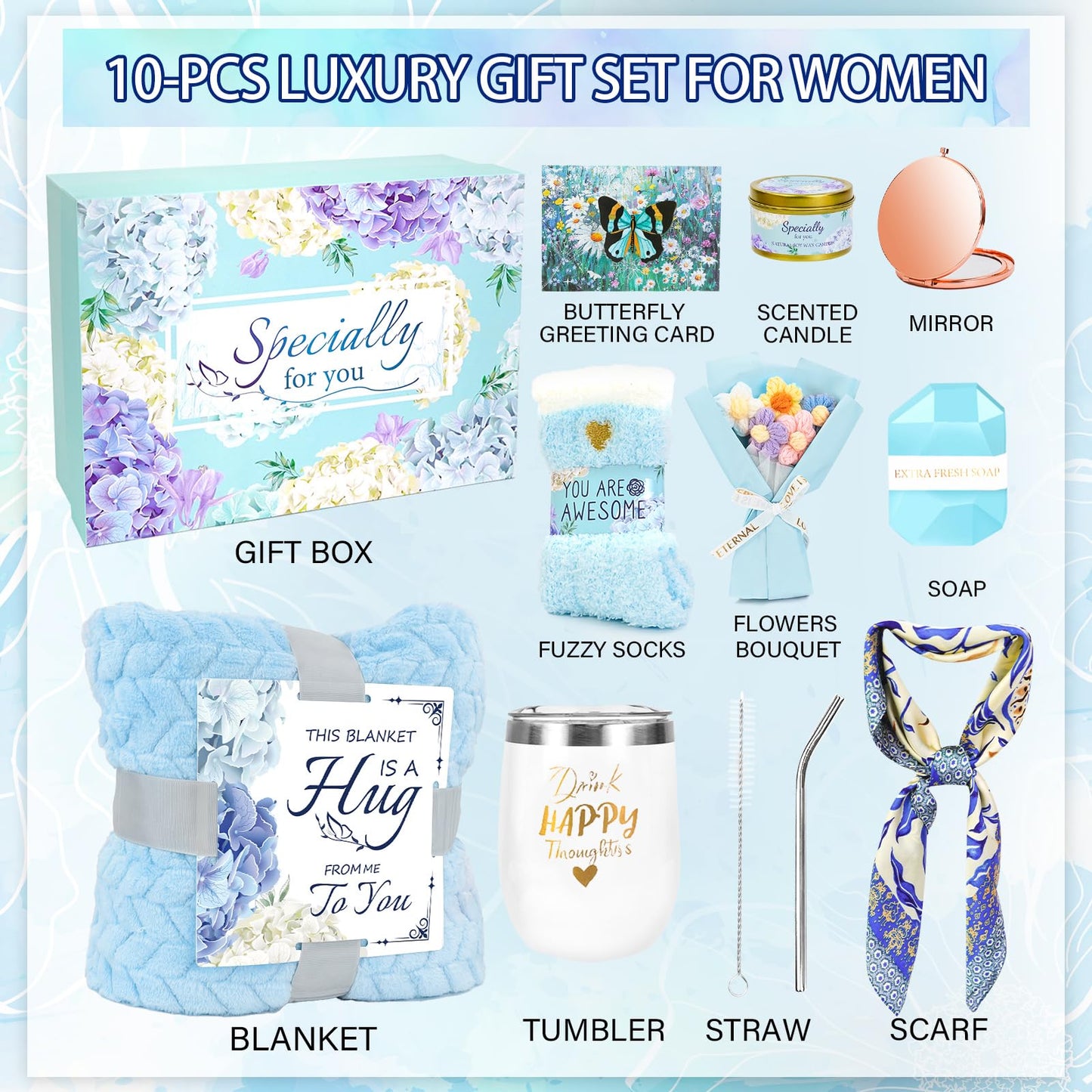 ElatedMore Birthday Gifts for Women Friendship Self Care Package Gifts for Women Get Well Soon Gift Baskets Relaxing Blanket Gifts Box for Sister Mom Wife Friend Her Fantasy Box (Blue)