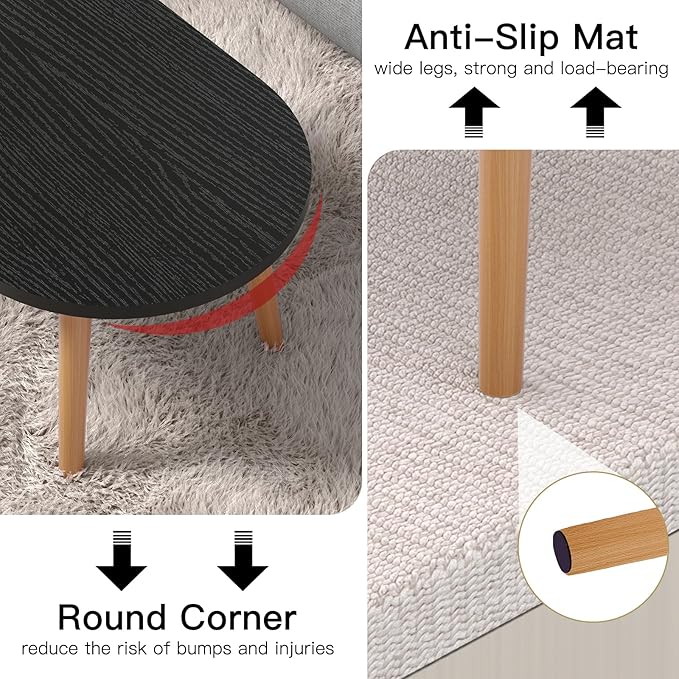 Small Coffee Table for Small Space, Low Table, Floor Table Desk for Sitting on The Floor, Japanese Coffee Table for Living Room, Tatami Tea Tables with Solid Wood Legs, Oval Coffee Tables, Black