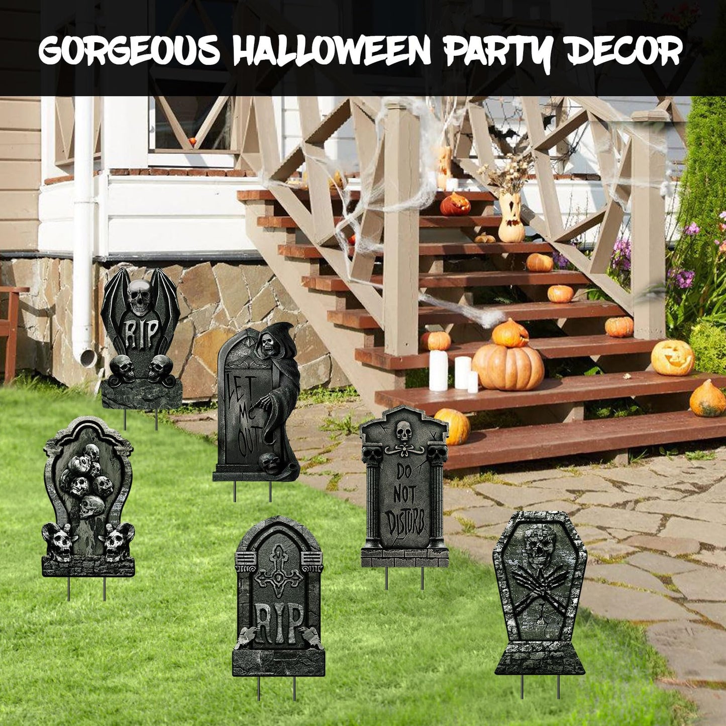 DECEED 6 PCS 16.9" x9.8" Halloween Yard Signs Graveyard Tombstones Halloween Outdoor Decorations, Gravestones Yard Signs with Stakes Scary Lawn Decor Party Supplies