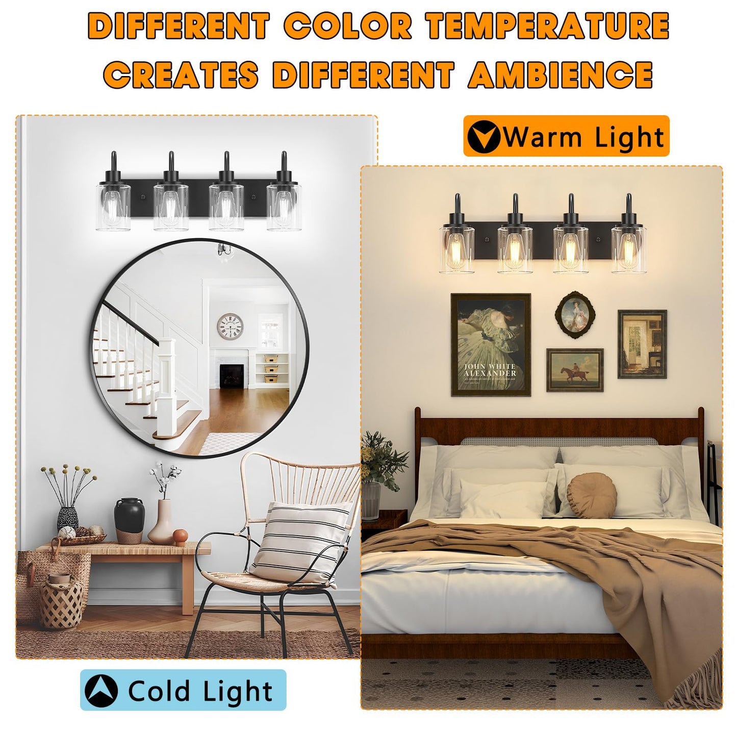 Baocuz 4-Light Vanity Lights for Bathroom, Modern Black Bathroom Light Fixtures Over Mirror, 23.6 inch Bathroom Wall Sconces for Hallway, Bedroom, Living Room with Clear Glass Shade