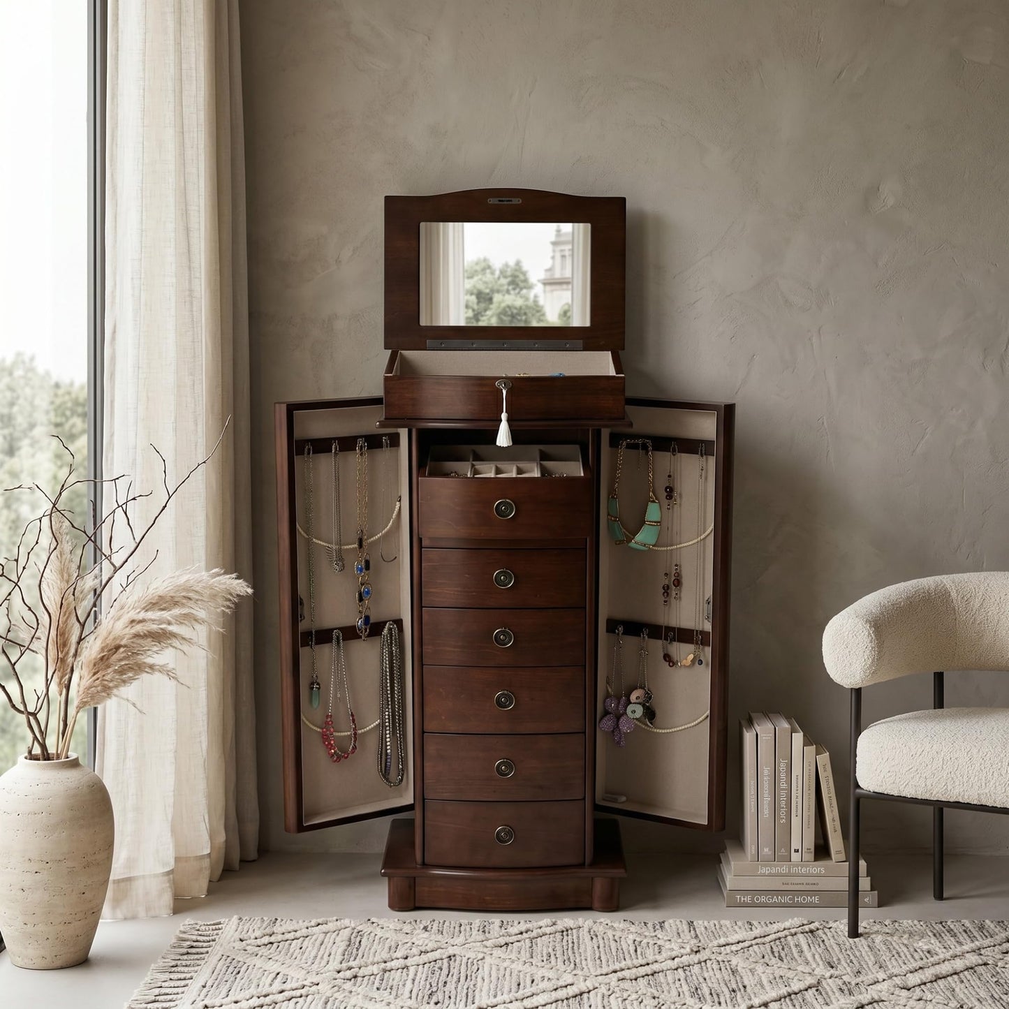 Hives and Honey Nora Jewelry Armoire Cabinet with Mirror – 7 Drawers, Locking Top, Necklace Hooks, Anti-Tarnish Felt – Traditional Standing Jewelry Organizer for Women, White