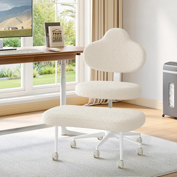 Cross Legged Office Chair with Wheels for ADHD, Ergonomic 360° Swivel Height-Adjustable Meditation Chair for Yoga, Kneeling Chair with 4 inch seat Cushion and Lumbar Support, Teddy Fabric, Off White