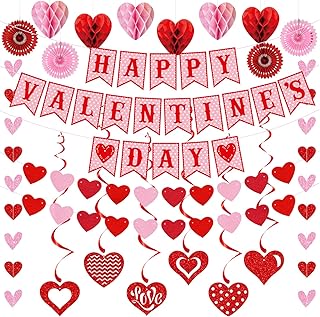 Valentines Day Decorations Set Happy Valentine's Day Banner Felt Heart Garland Banner Red Pink Hanging Heart Honeycomb Gli...
