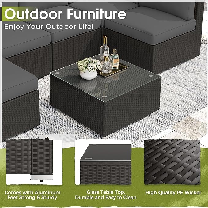 Crownland 7-Piece Outdoor Patio Furniture Sets, All-Weather Black Wicker Rattan Sectional Sofa, Modern Glass Coffee Table and Washable Seat Cushion with YKK Zipper (Grey)