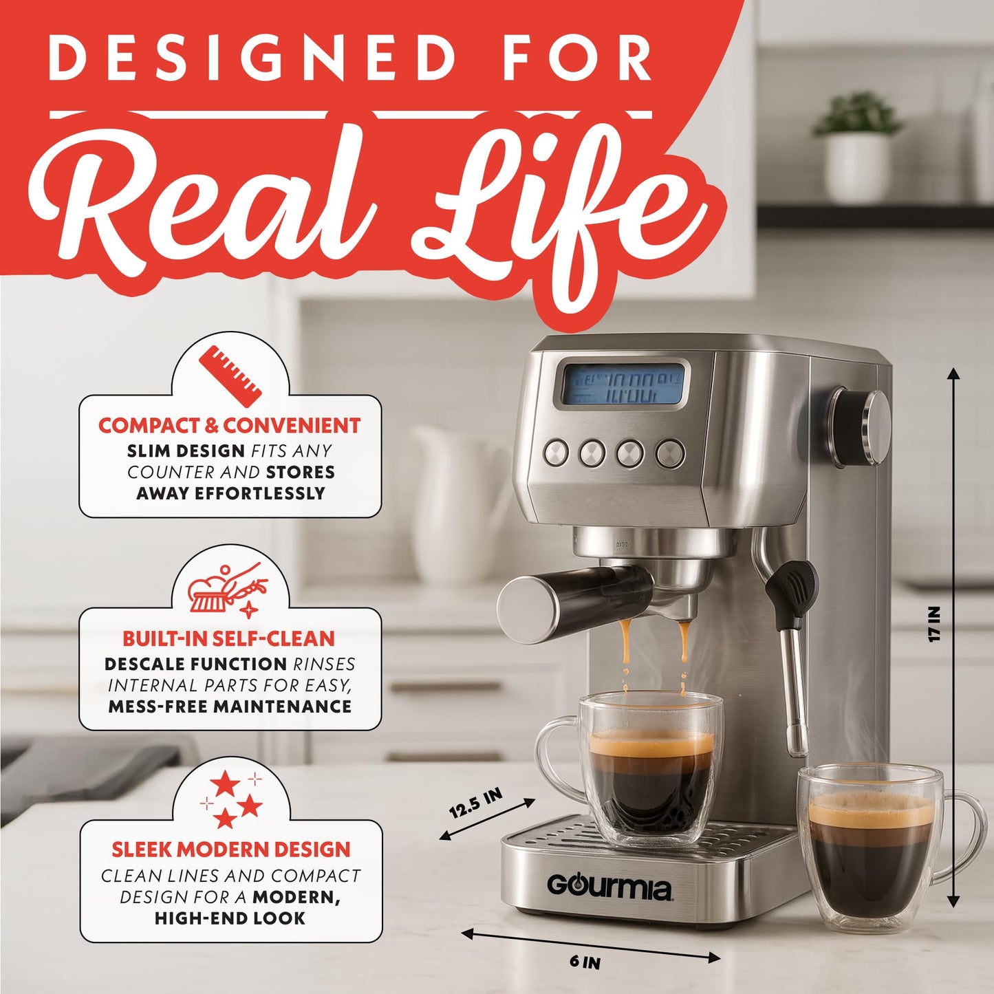 Gourmia Slim Espresso Machine – 20-Bar Pump, LCD Display, Milk Frother, Adjustable Temperature, Manual & Auto Brew for Single/Double Shots, 1350W, Stainless Steel