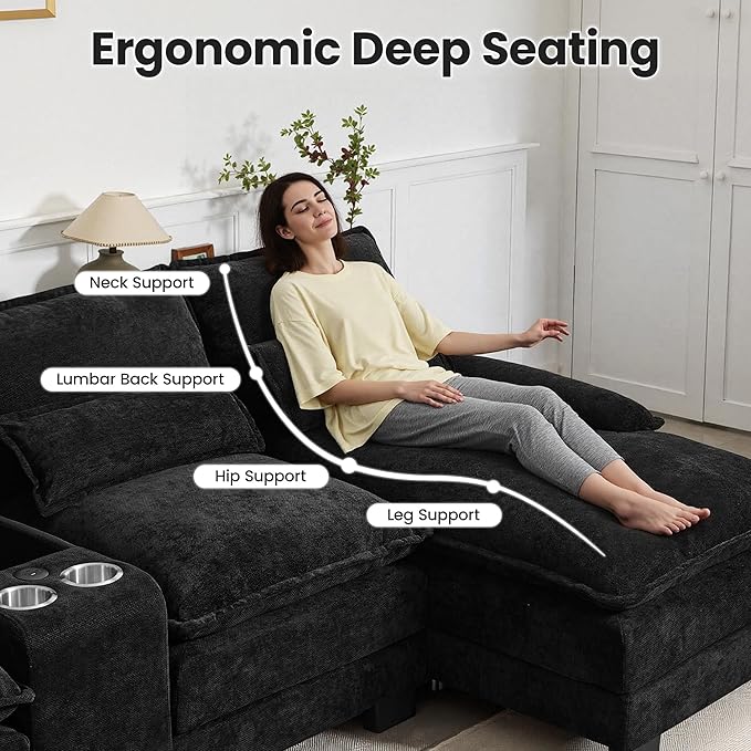 125" U Shaped Cloud Modular Sectional Couch for Living Room, Small Comfy Chenille Sofa with Double Chaise Lounge, Storage Central Console, Cup Holders, USB Port,Black