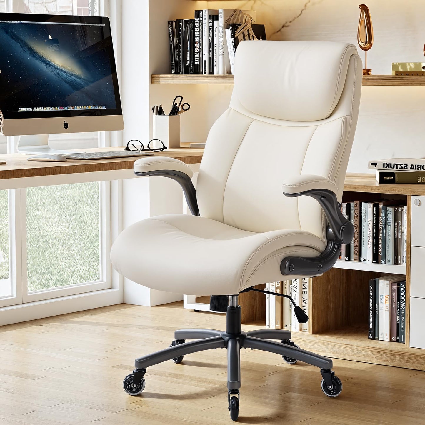 MALOL Ergonomic High-Back PU Leather Executive Office Chairs, Heavy Duty Home Computer Chair with Lumbar Support and Flip-Up Arms, 300lbs, Beige