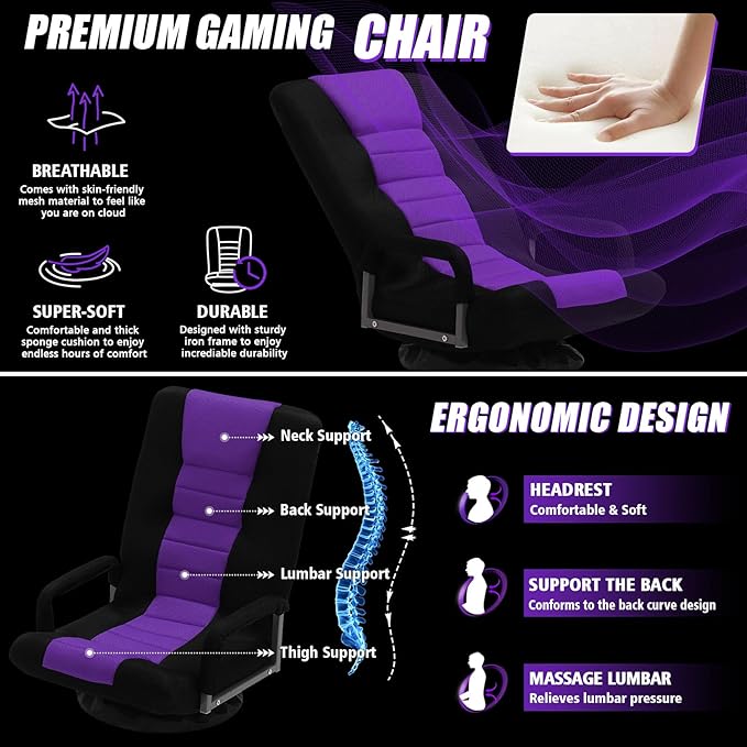 ACIPENSER Swivel Gaming Chair Multipurpose 2PACK Floor Gaming Chair for Playing Video Games, TV, Reading w/Armrest Lumbar Support & 6 Adjustable Postion Backrest for Adults & Kids,Purple