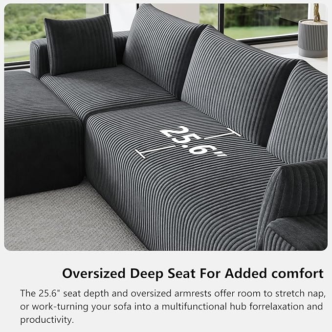 Domiqut 108" Cloud Couch Modular Sectional Sofa for Living Room,L-Shaped Boneless Couch with Deep Seat Chaise,No Assembly Required Foam Sleeper Sofa for Apartments,Plush Corduroy Fabric, Dark Gray