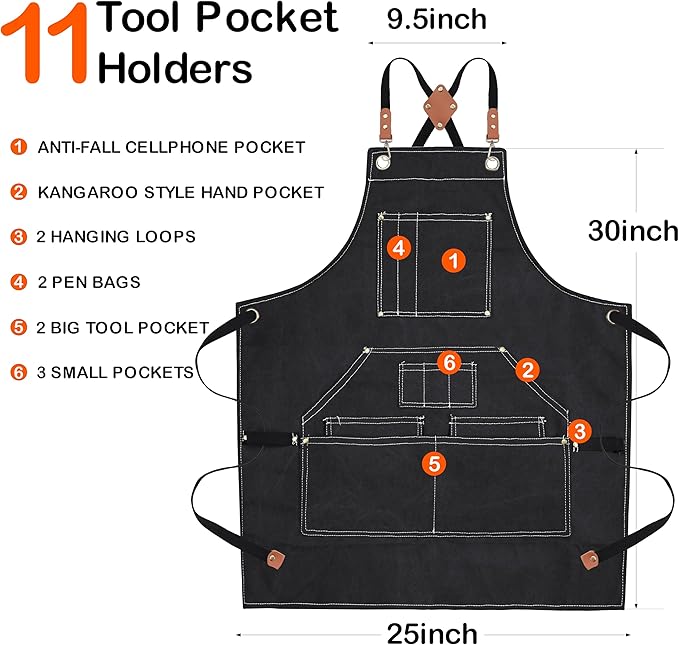Yxiang Black Handmade Work Apron with 11 Tool Pockets, Heavy Duty Waxed Canvas Workshop Tool Aprons Woodworking Apron