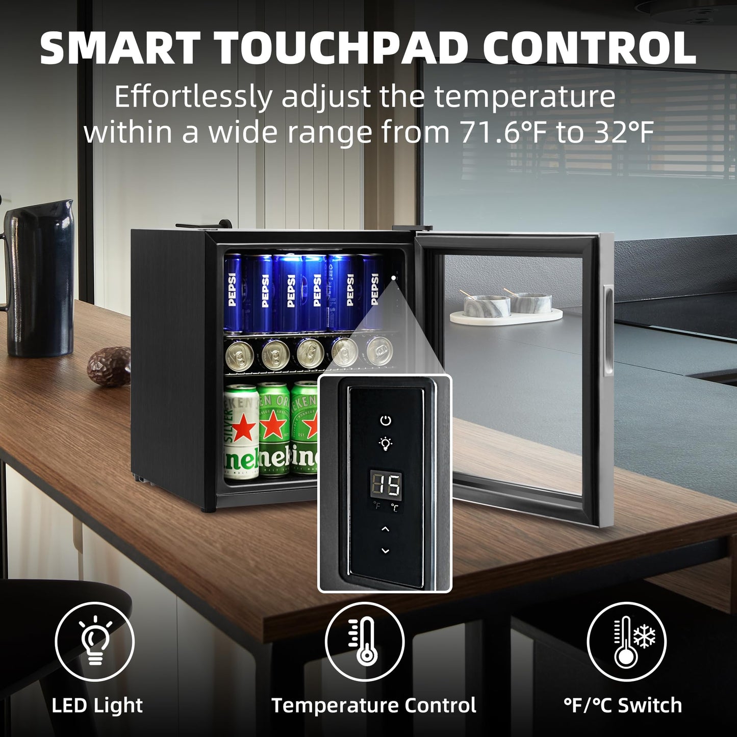 Tecnolove Beverage Refrigerator, 1.6 Cu.Ft Mini Fridge, Stainless Steel, LED Digital Temp Control, Double Glass Door, Adjustable & Removable Shelves, Compact Design for Home & Office